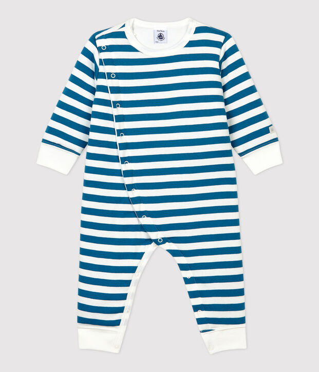 Tutina in ovatta senza piedi beb&egrave; a righe blu in cotone blu/bianco